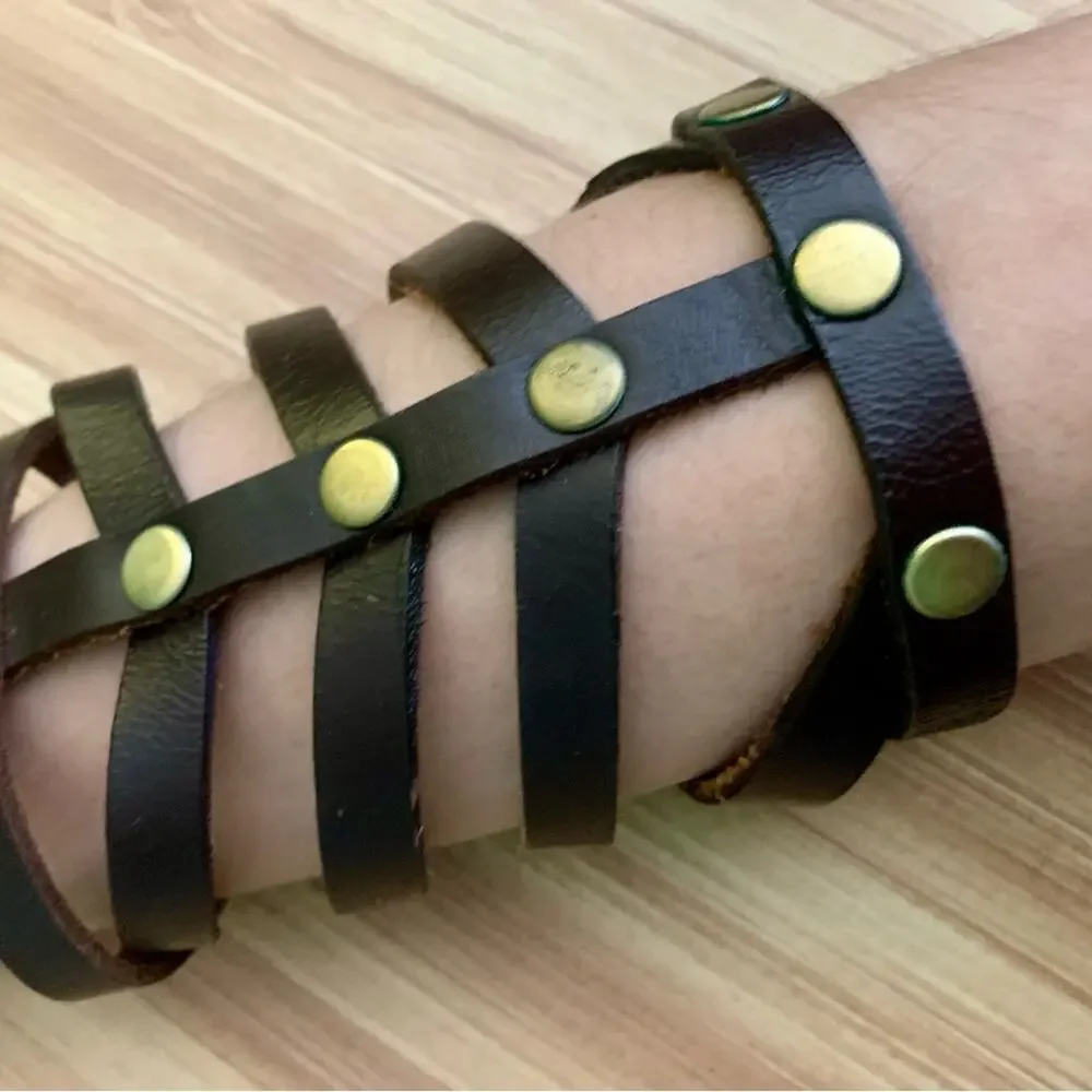 2/$30 Brown Leather Wrap Bracelet Arm Cuff Adjustable Boho Festival Gold Studs
